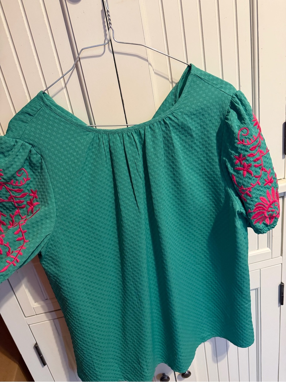 SHEIN Teal Green Puff-Sleeve Top with Pink Floral Embroidery